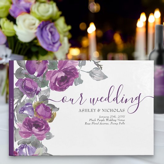 Elegant Paarse Waterverf Flowers Wedding Gastenboek