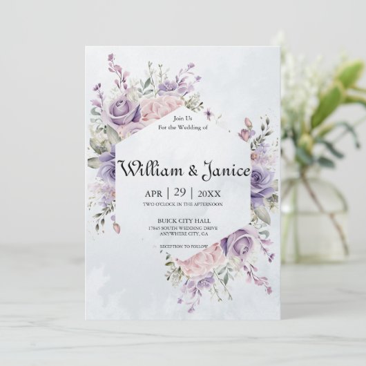 Elegant Paarse Waterverf Flowers Wedding Kaart (Staand voorkant)