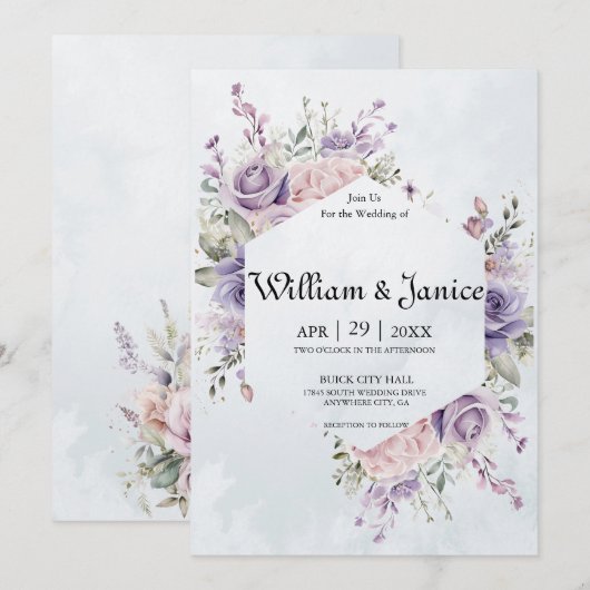 Elegant Paarse Waterverf Flowers Wedding Kaart (Voorkant / Achterkant)