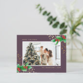 Elegant Paarse Waterverf Holly Feestdagenkaart (Staand voorkant)