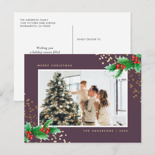 Elegant Paarse Waterverf Holly Feestdagenkaart (Voorkant / Achterkant)