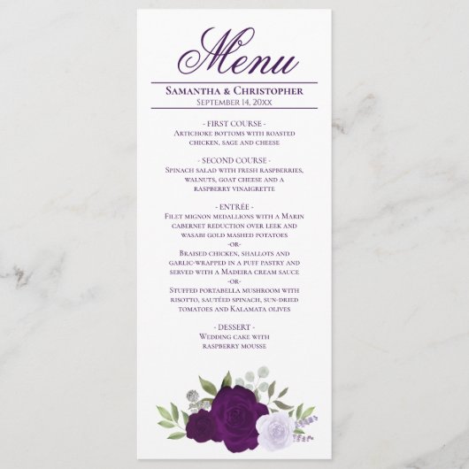 Elegant Paarse Waterverf Rozen Boho Chic Wedding Menu (Voorkant)