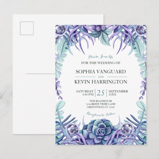 Elegant Paarse Waterverf Succulent Floral Wedding Uitnodiging Briefkaart (Voorkant / Achterkant)