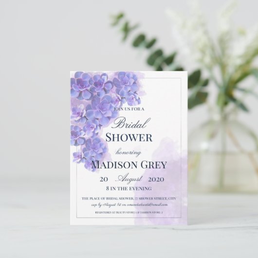 Elegant Paarse Waterverf Succulent Vrijgezellenfee Uitnodiging Briefkaart (Staand voorkant)