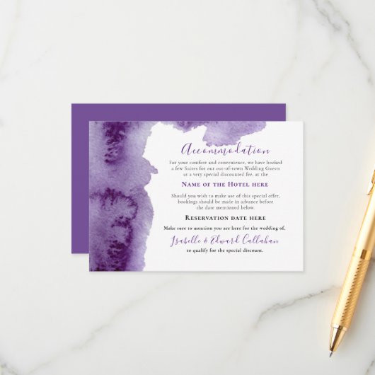 Elegant Paarse Waterverf Uitwasaccommodatie Informatiekaartje (Voorkant / Achterkant in situ)