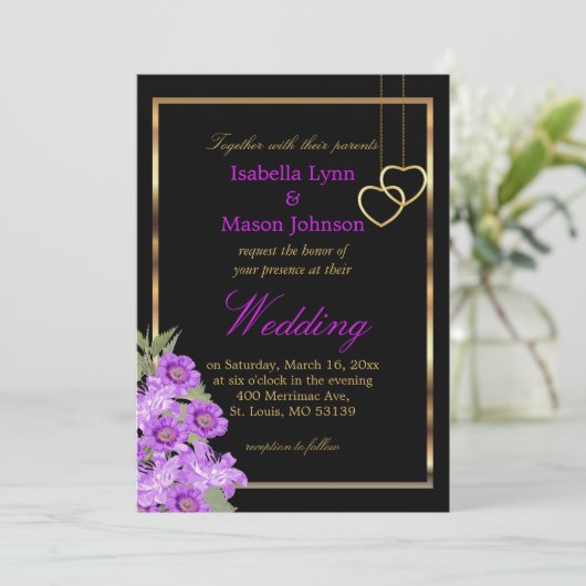 Elegant Paarse Wedding Flower Uitnodiging (Staand voorkant)