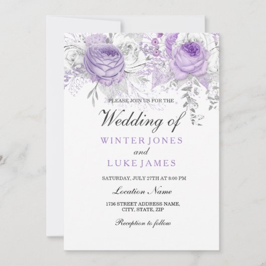 Elegant Paarse White Winter Floral Wedding Invite Kaart (Voorkant)