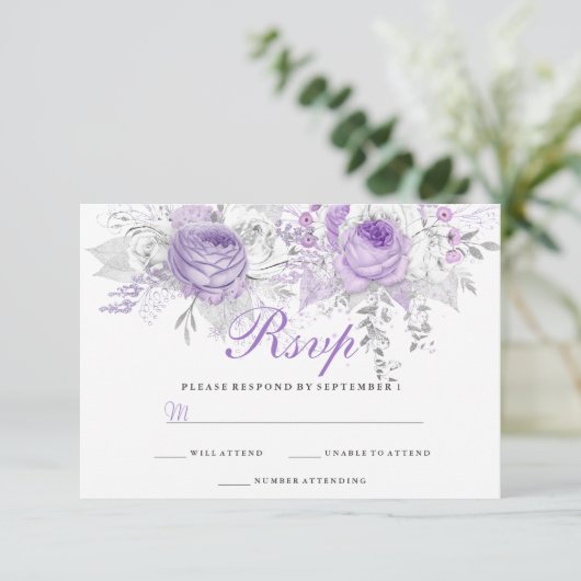 Elegant Paarse White Winter Floral Wedding RSVP (Staand voorkant)