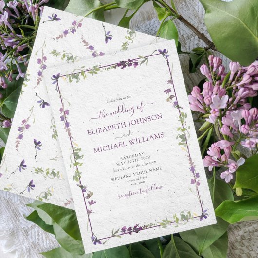 Elegant Paarse Wildbloemen Waterverf Weddenschap Kaart