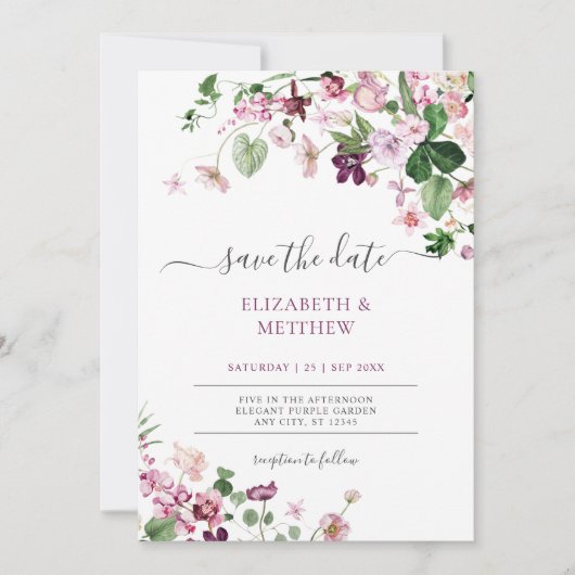 Elegant Paarse wilde bloemen bruiloft Kaart (Voorkant)