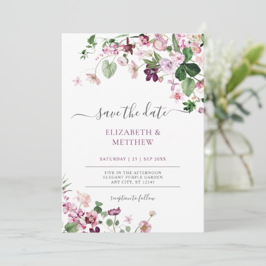 Elegant Paarse wilde bloemen bruiloft Kaart (Staand voorkant)