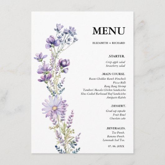 Elegant Paarse Wildflower bruiloft Vrijgezellenfee Menu (Voorkant)