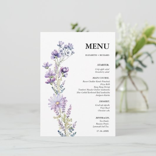 Elegant Paarse Wildflower bruiloft Vrijgezellenfee Menu (Staand voorkant)