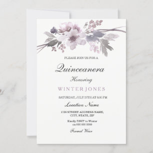 Elegant Paarse Winter Floral Quinceanera Invite Kaart