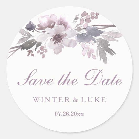 Elegant Paarse Winter Floral Sparen de datum Stick Ronde Sticker (Voorkant)