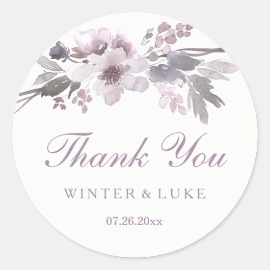Elegant Paarse Winter Floral Weddenschap Hartelijk Ronde Sticker (Voorkant)
