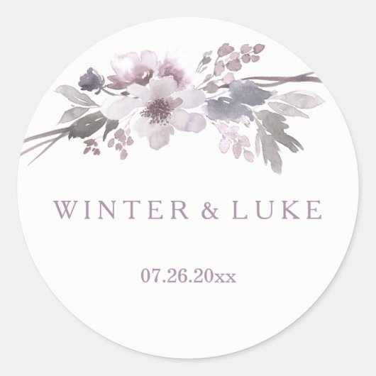 Elegant Paarse Winter Gray Wedding Favor Sticker (Voorkant)