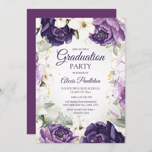 Elegant Paarse wit bloemig Afstuderen Kaart (Voorkant / Achterkant)