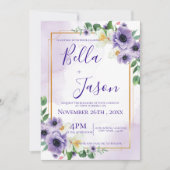 Elegant Paarse witte bloemengoud Lijst bruiloft Kaart (Voorkant)