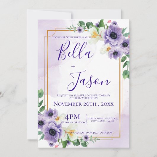 Elegant Paarse witte bloemengoud Lijst bruiloft Kaart (Voorkant)