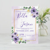 Elegant Paarse witte bloemengoud Lijst bruiloft Kaart (Staand voorkant)