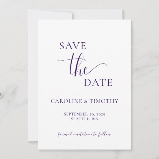 Elegant Paarse witte bruiloft Save the Date Kaart (Voorkant)