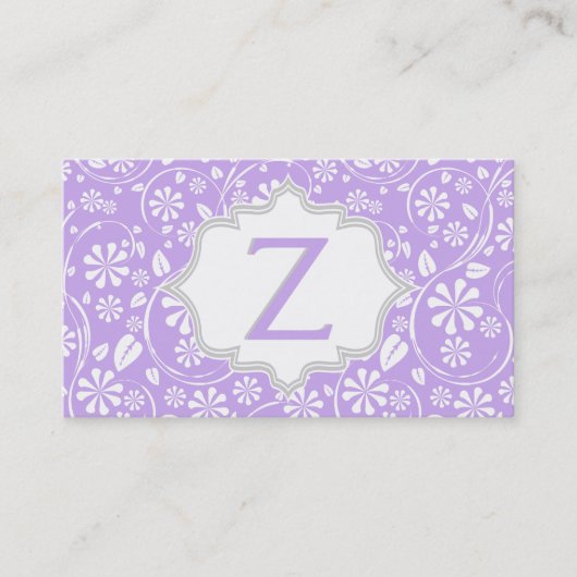 Elegant paarse witte, grijze bloemmotief monogram visitekaartje (Voorkant)