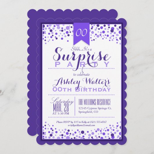 Elegant Paarse, witte verrassingsverjaardagsfeestj Kaart (Voorkant / Achterkant)