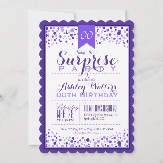 Elegant Paarse, witte verrassingsverjaardagsfeestj Kaart (Voorkant)