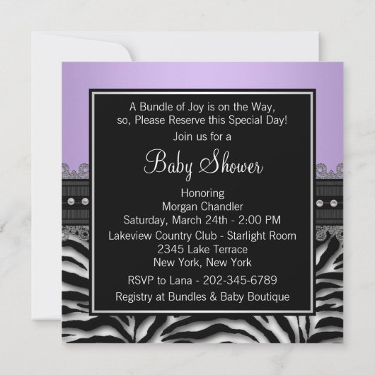 Elegant Paarse Zebra Baby shower van lavendel Kaart (Achterkant)