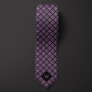 Elegant Paarse & Zwart Arabesk Monogram Stropdas