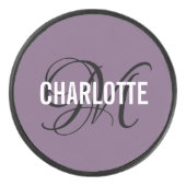 Elegant paarse zwart monogram naam hockey puck (Voorkant)