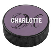 Elegant paarse zwart monogram naam hockey puck (3/4)