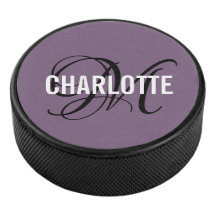 Elegant paarse zwart monogram naam hockey puck