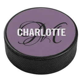 Elegant paarse zwart monogram naam hockey puck
