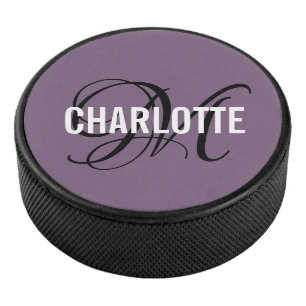 Elegant paarse zwart monogram naam hockey puck