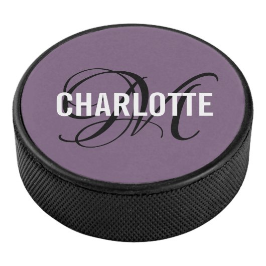 Elegant paarse zwart monogram naam hockey puck (3/4)