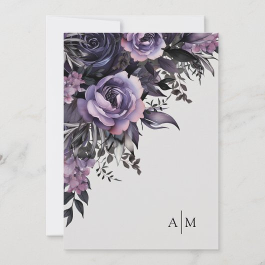 Elegant Paarse zwarte bloemenbruiloft Kaart (Achterkant)
