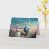 Elegant  paashaas jongen en meisje kaart (Gele Bloem)