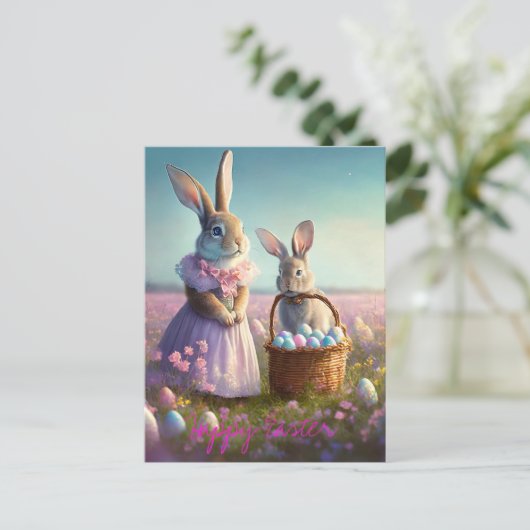 Elegant paashaas roze jurk baby bunny feestdagenkaart (Staand voorkant)