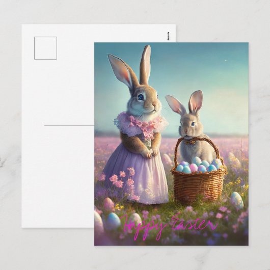 Elegant paashaas roze jurk baby bunny feestdagenkaart (Voorkant / Achterkant)