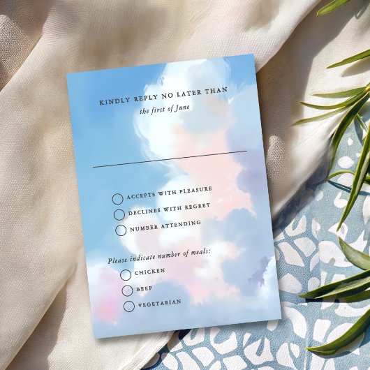 Elegant Painted Blue Sky Puffy Pink Clouds Wedding RSVP Kaartje