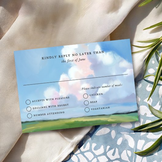 Elegant Painted Blue Sky Puffy Pink Clouds Wedding RSVP Kaartje