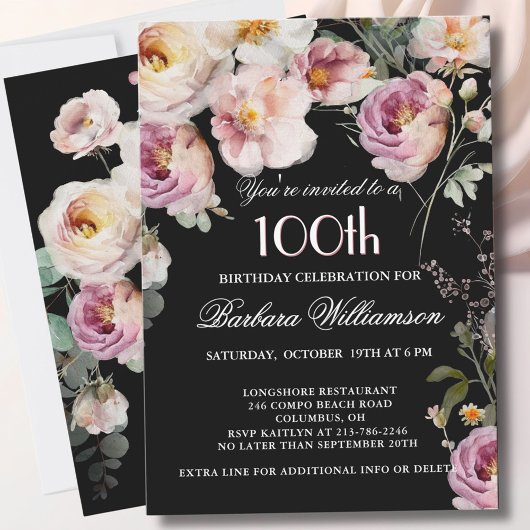 Elegant Painted Floral 100th Birthday Party Kaart