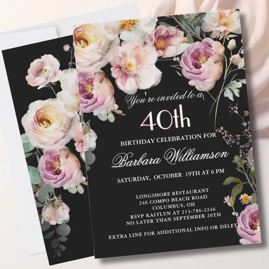 Elegant Painted Floral 40th Birthday Party Kaart
