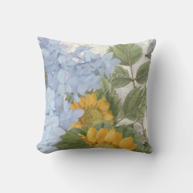 Elegant Painted Floral Blue Hydrangea Sunflower Kussen (Voorkant)