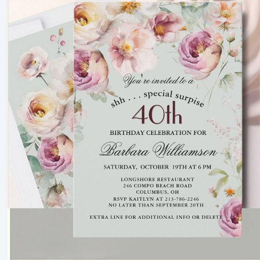 Elegant Painted Floral Surprise 40th Birthday  Kaart