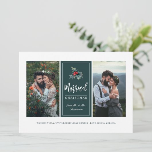 Elegant Painted Holly | Kerstfoto met huwelijk Feestdagenkaart (Staand voorkant)