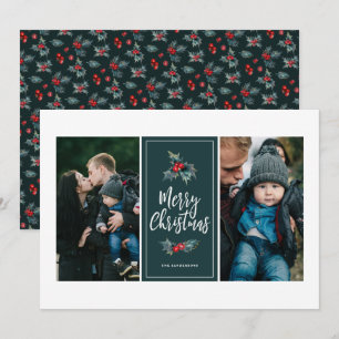 Elegant Painted Holly   Kerstgroene twee-foto Feestdagenkaart
