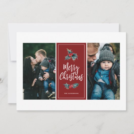 Elegant Painted Holly | Kerstrode twee foto Feestdagenkaart (Voorkant)